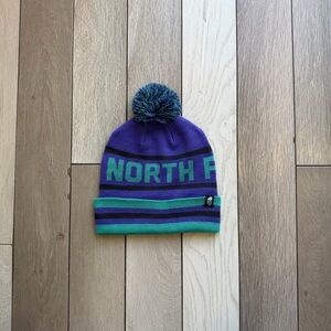 The North Face purple and green pom pom women’s beanie